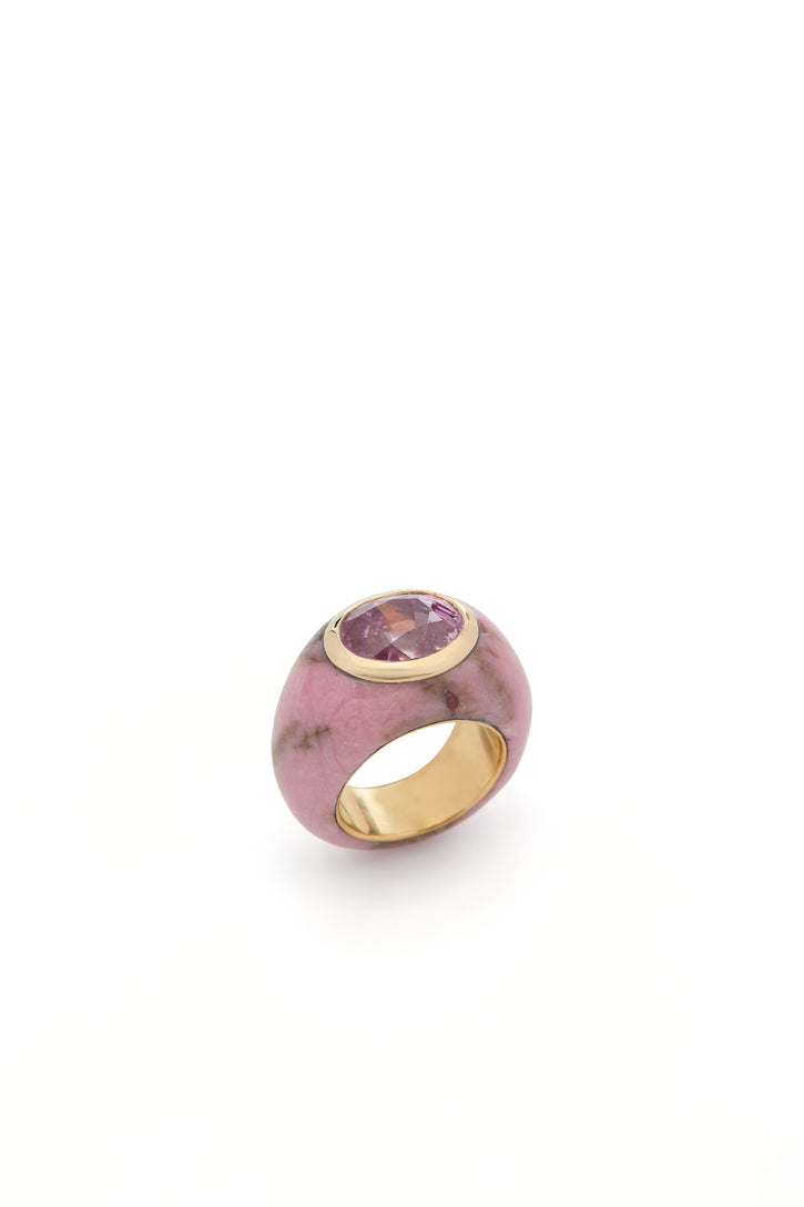 Pink Sapphire Ring in 18K Yellow Gold, Pink Jasper and Pink Sapphire
