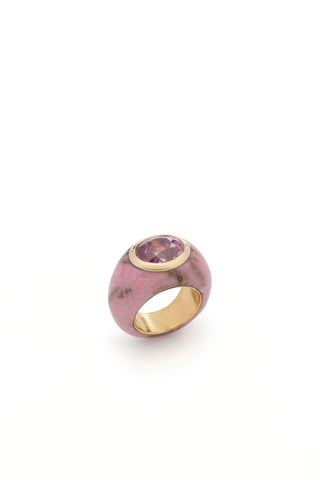 Pink Sapphire Ring in 18K Yellow Gold, Pink Jasper and Pink Sapphire