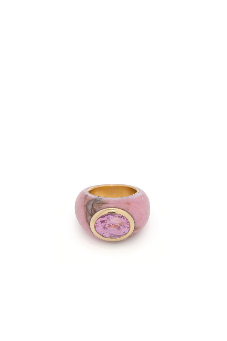 Pink Sapphire Ring in 18K Yellow Gold, Pink Jasper and Pink Sapphire