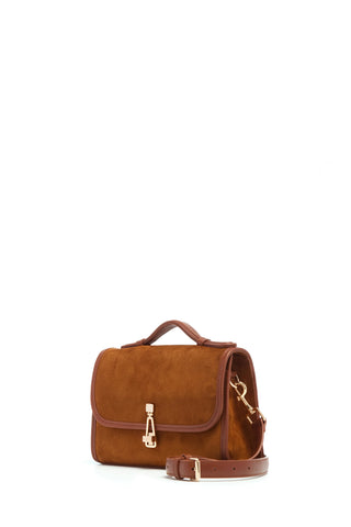 Cognac Suede Small Leonora Flap Bag with Leather Binding and Crossbody Strap - Three Quarter View | Gabriela Hearst