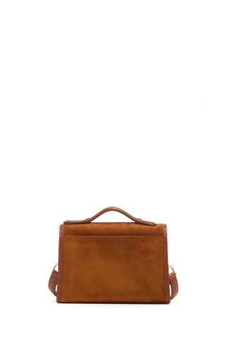 Cognac Suede Small Leonora Flap Bag Showing Back Slip Pocket and Top Handle - Back View | Gabriela Hearst