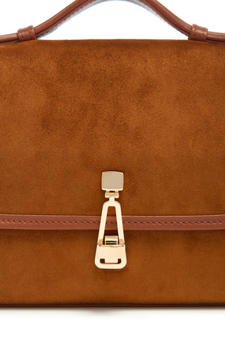 Cognac Suede Small Leonora Flap Bag Gold Clasp Hardware Close-Up Detail | Gabriela Hearst