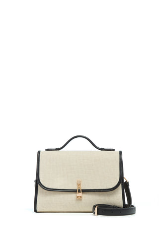Beige Linen Medium Leonora Flap Bag with Black Calf Leather Binding - Front View | Gabriela Hearst