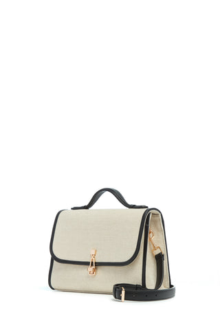 Beige Linen Medium Leonora Flap Bag with Rose Gold Hardware and Crossbody Strap - Side Angle | Gabriela Hearst
