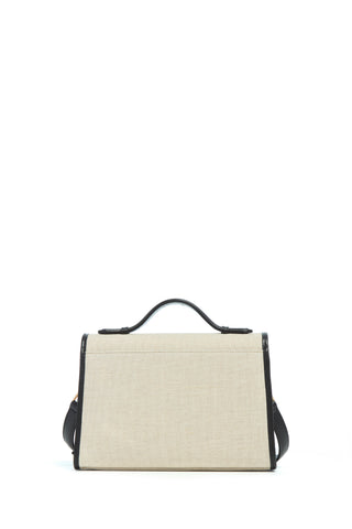 Beige Linen Medium Leonora Flap Bag with Black Leather Trim and Back Slip Pocket - Back View | Gabriela Hearst