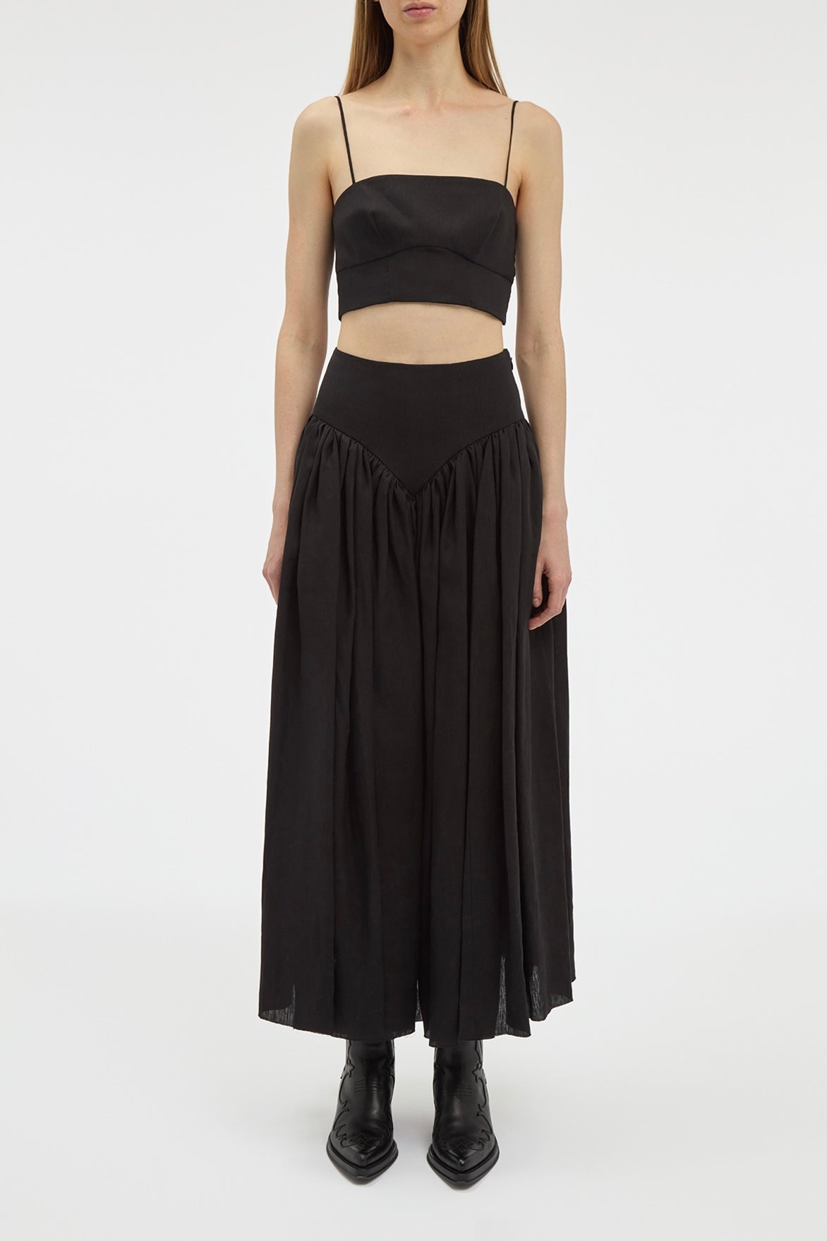 Juniper Maxi Pleated Skirt in Black Aloe Linen