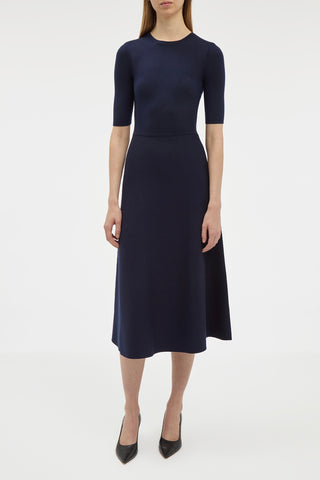 Dark Navy Merino Wool Cashmere Seymore Knit Midi Dress - Front View On Model | Gabriela Hearst