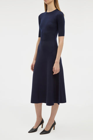 Dark Navy Wool Cashmere Seymore Dress - Three-Quarter Side Profile On Model | Gabriela Hearst