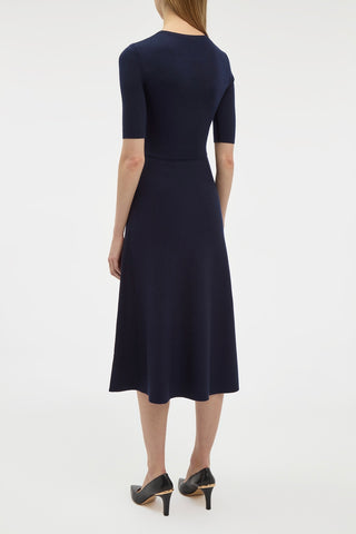 Dark Navy Merino Cashmere Seymore Knit Midi Dress - Back View On Model | Gabriela Hearst