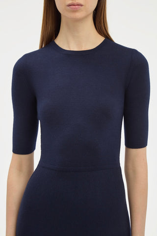 Dark Navy Wool Cashmere Seymore Dress - Close-Up Crew Neckline & Elbow Sleeve Detail | Gabriela Hearst