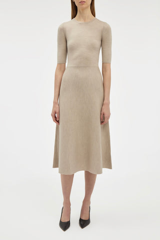Oatmeal Merino Wool Cashmere Midi Dress - On Model Front View, A-Line Silhouette | Gabriela Hearst
