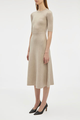 Oatmeal Cashmere Knit Midi Dress - On Model Three-Quarter Side View, Flared Skirt | Gabriela Hearst