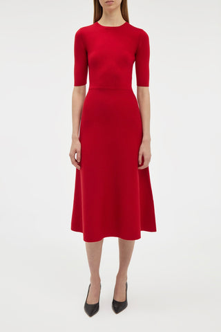 Scarlet Red Wool Cashmere Seymore Midi Dress - Front View On Model | Gabriela Hearst