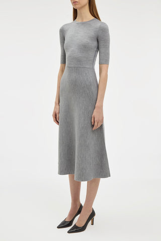 Heather Grey Merino Wool Cashmere Seymore Midi Dress - Side Profile on Model | Gabriela Hearst