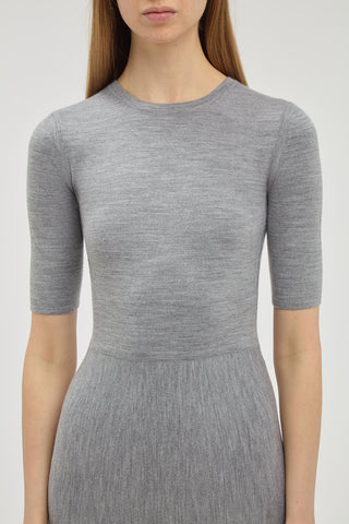 Heather Grey Merino Wool Cashmere Seymore Midi Dress - Crew Neckline Detail on Model | Gabriela Hearst