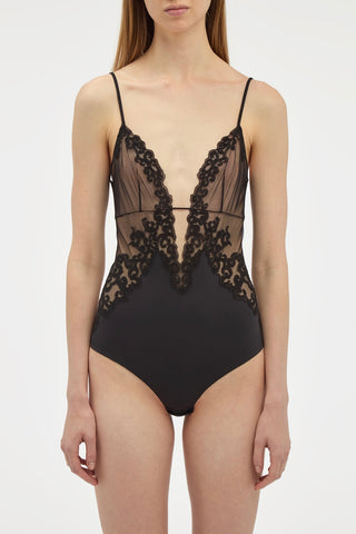 Black Lace Wynona Bodysuit - Front View On Model | Gabriela Hearst