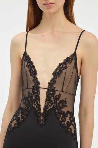 Black Lace Wynona Bodysuit - Neckline Detail Front View | Gabriela Hearst