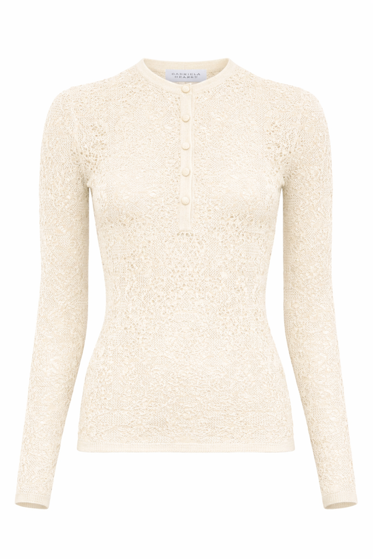 Gaviran Lace Knit Henley in Off White Merino Wool