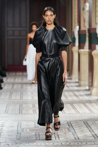 Black Leather Pleated Sleeve Jumpsuit - Runway Model Front View | Gabriela Hearst