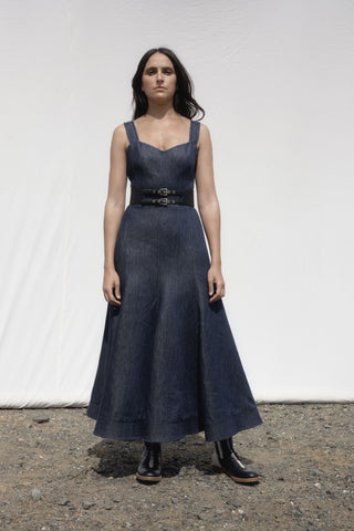 Navy Denim Midi Dress with Leather Belt - On Model Front View | Gabriela Hearst