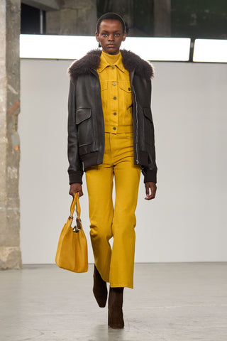 Grant Jacket in Ebony Leather with Shearling Collar - Runway Model Walking | Gabriela Hearst