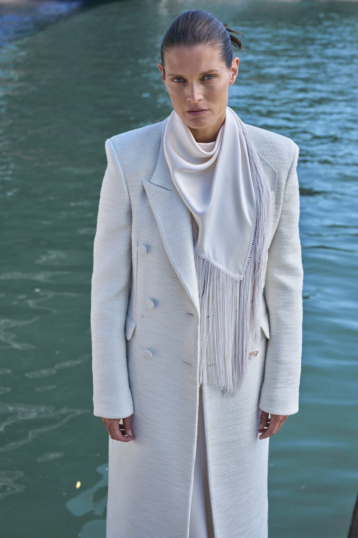 Rouge Fringe Scarf Dress in Ivory Silk