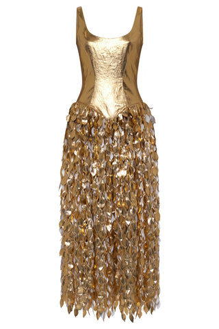Gold Metallic Isai Maxi Dress with Laser-Cut Leaf Motifs - Front View | Gabriela Hearst