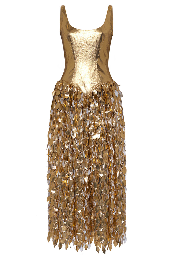 Isai Dress In Recycled Metallic Gold Linen Twill