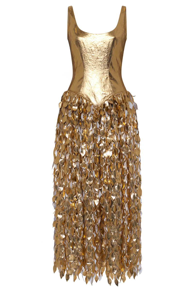 Gold Metallic Isai Maxi Dress with Laser-Cut Leaf Motifs - Front View | Gabriela Hearst