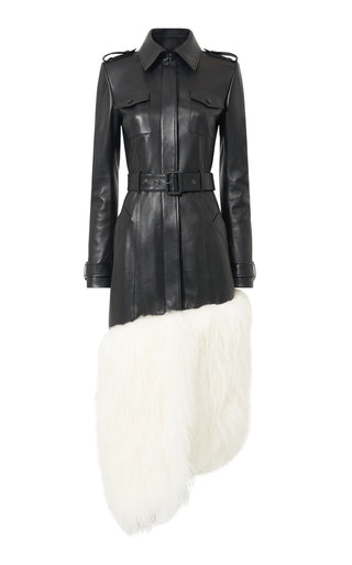 Black Leather Isak Trench Coat with Ivory Shearling Hem - Front Product Shot | Gabriela Hearst