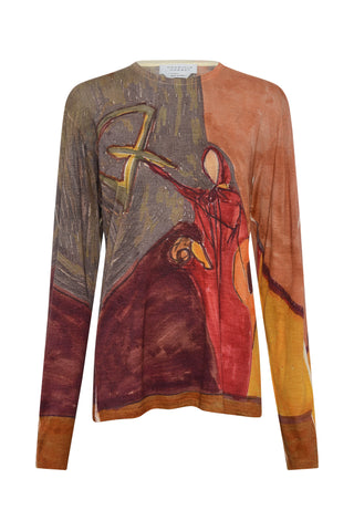 Isaro Long Sleeve T-shirt in Fire Multi Printed Cashmere Jersey