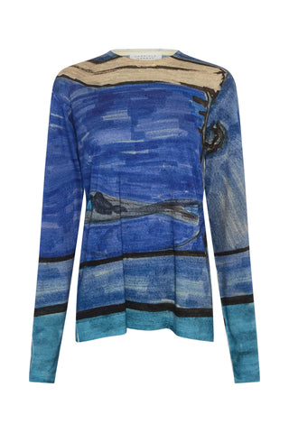 Blue Multi Printed Cashmere Isaro Long Sleeve T-shirt - Flat Lay | Gabriela Hearst