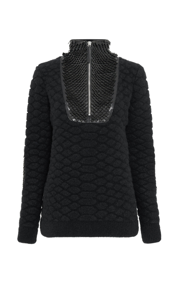 Isha Knit Mock Funnel Neck in Black Nappa Leather Snake Scales & Cashmere