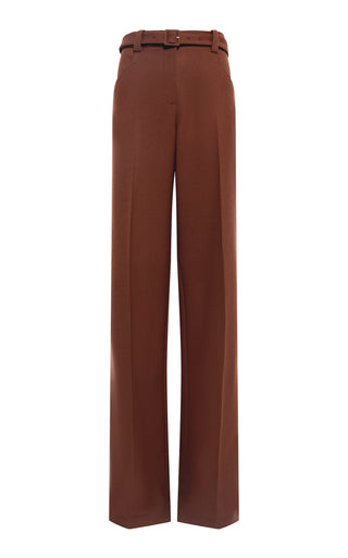 Cognac Virgin Wool Wide-Leg Trousers with Belt - Front View | Gabriela Hearst