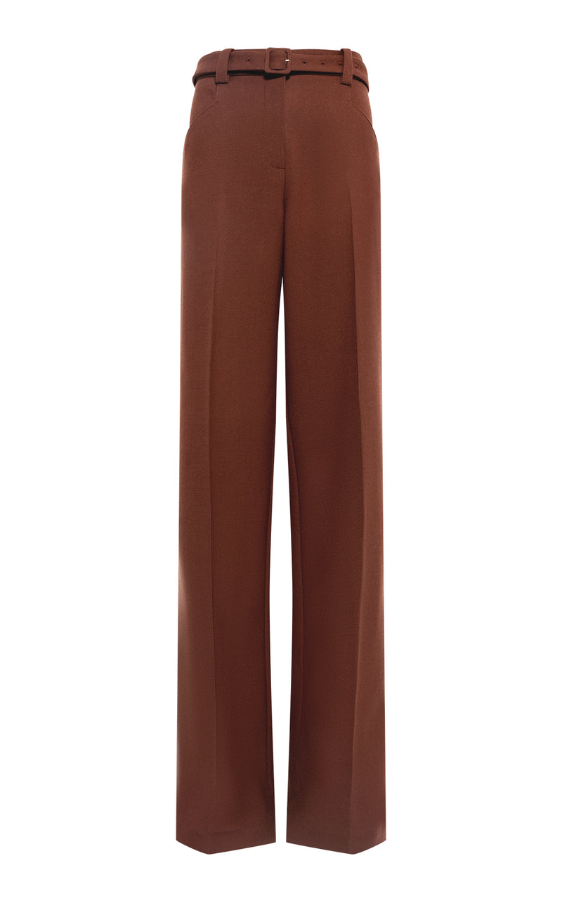 Cognac Virgin Wool Wide-Leg Trousers with Belt - Front View | Gabriela Hearst