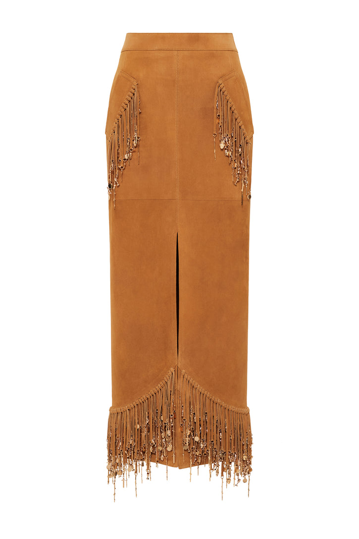 Kaylan Skirt in Cashew Suede with Rosegold Charms