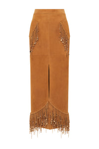 Kalyan Fringe Maxi Skirt in Cashew Suede with Charms