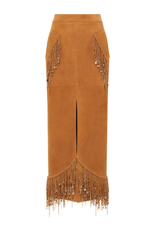 Kalyan Fringe Maxi Skirt in Cashew Suede with Charms