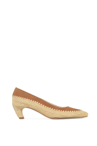 Peggy Heel in Camel Suede & Natural Raffia