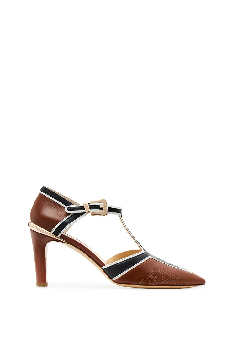 Indi Moto T-Strap Pump in Cognac Multi Leather