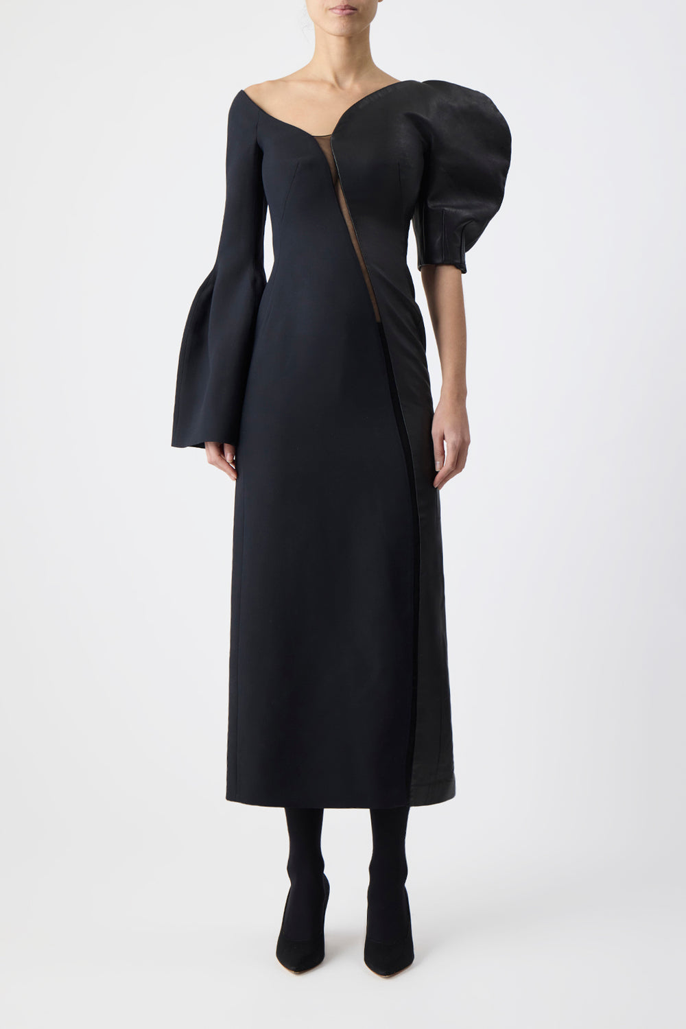 Merlin Midi Dress in Black Wool Silk Cady and Nappa Leather