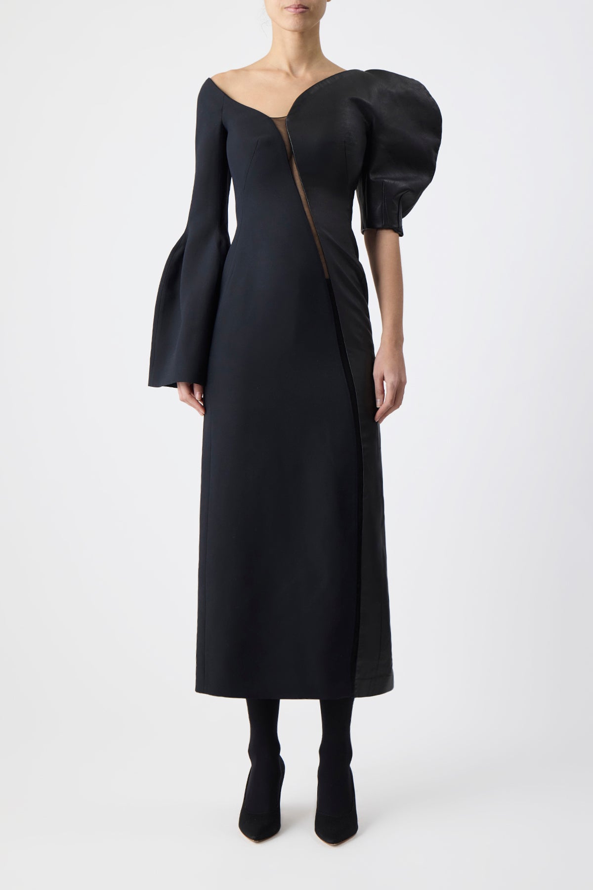 Merlin Dress in Black Silk Wool Cady and Leather