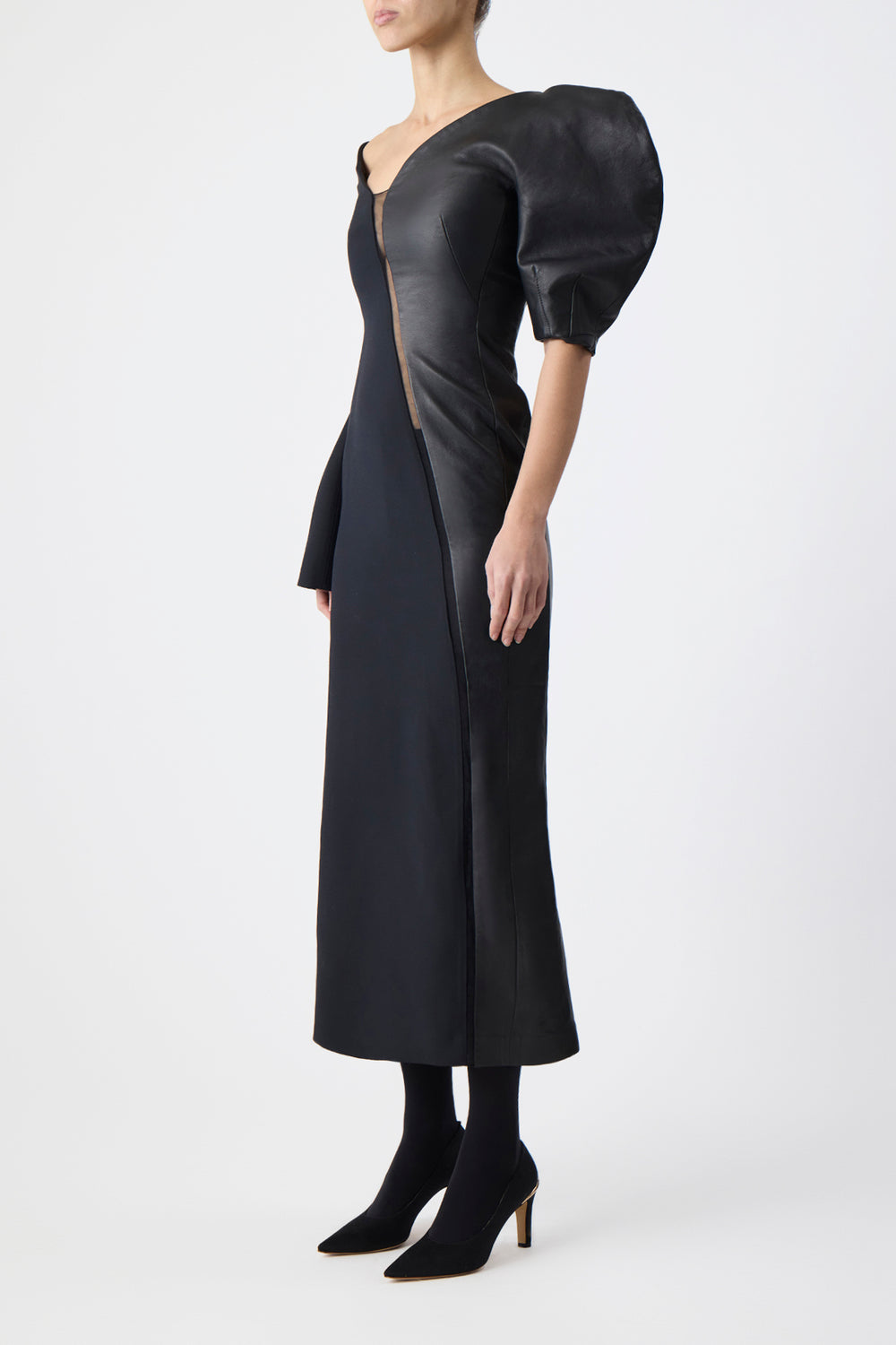 Merlin Midi Dress in Black Wool Silk Cady and Nappa Leather