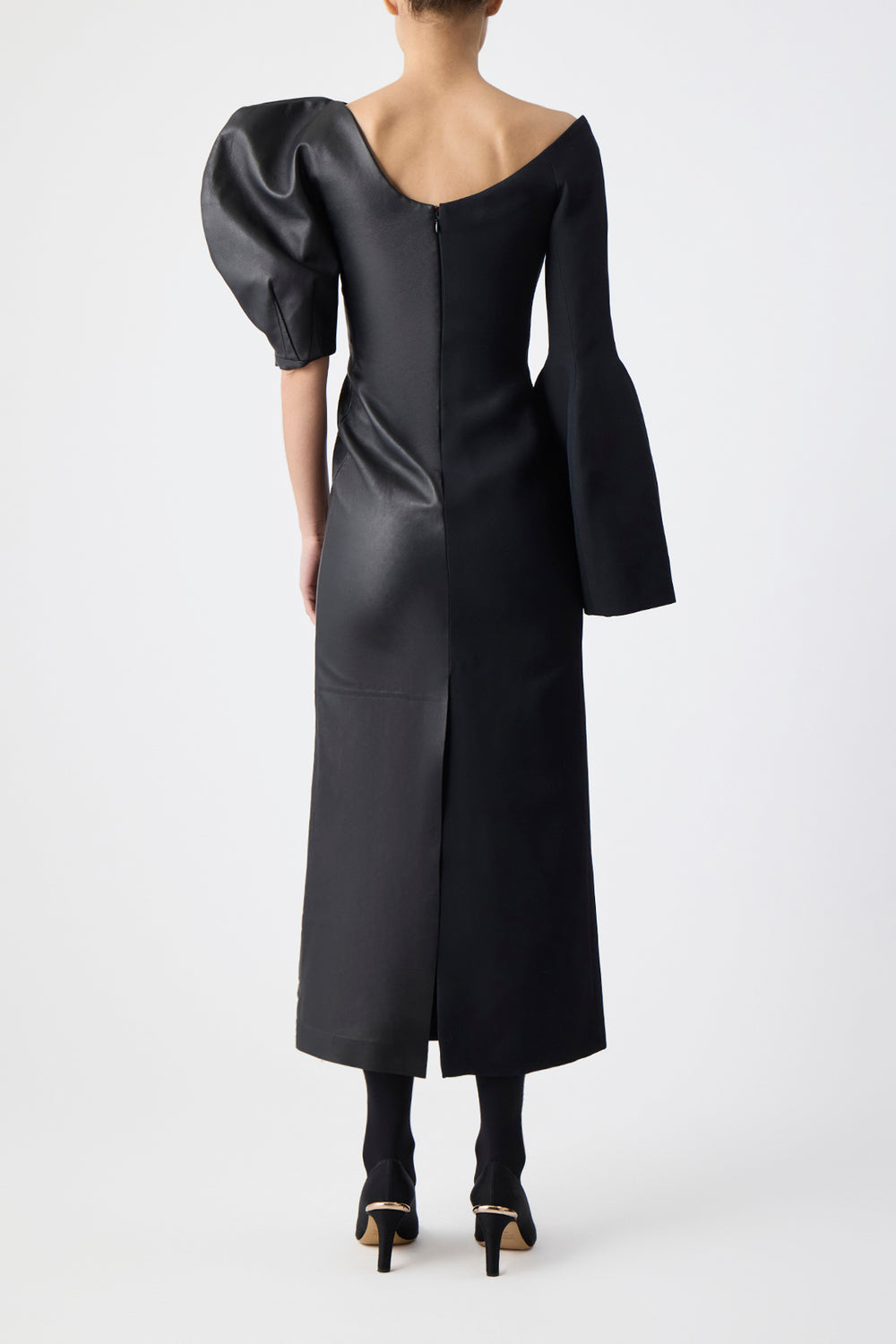 Merlin Midi Dress in Black Wool Silk Cady and Nappa Leather