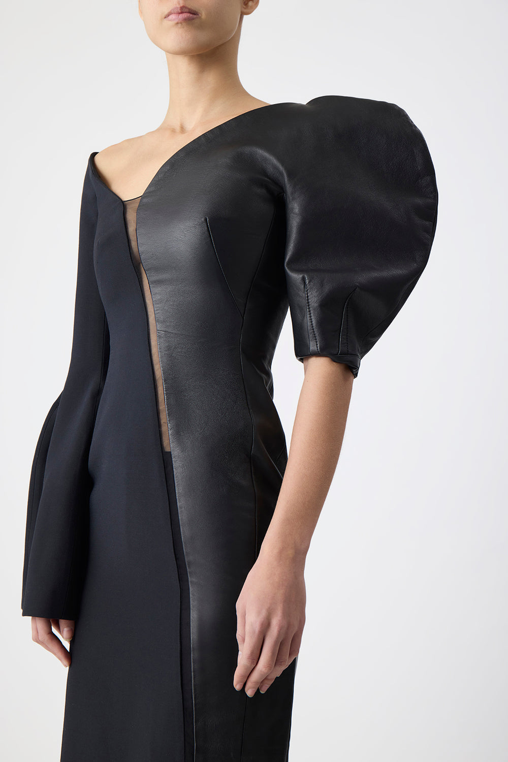 Merlin Midi Dress in Black Wool Silk Cady and Nappa Leather