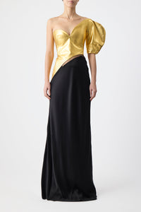 Giulia Maxi Dress in Gold Metallic Nappa Leather & Black Silk Velvet