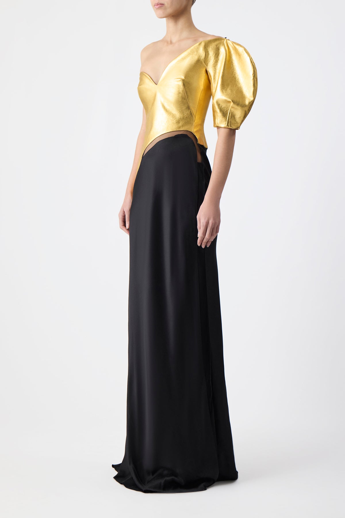 Giulia Maxi Dress in Gold Metallic Nappa Leather & Black Silk Velvet