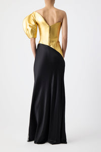 Giulia Maxi Dress in Gold Metallic Nappa Leather & Black Silk Velvet