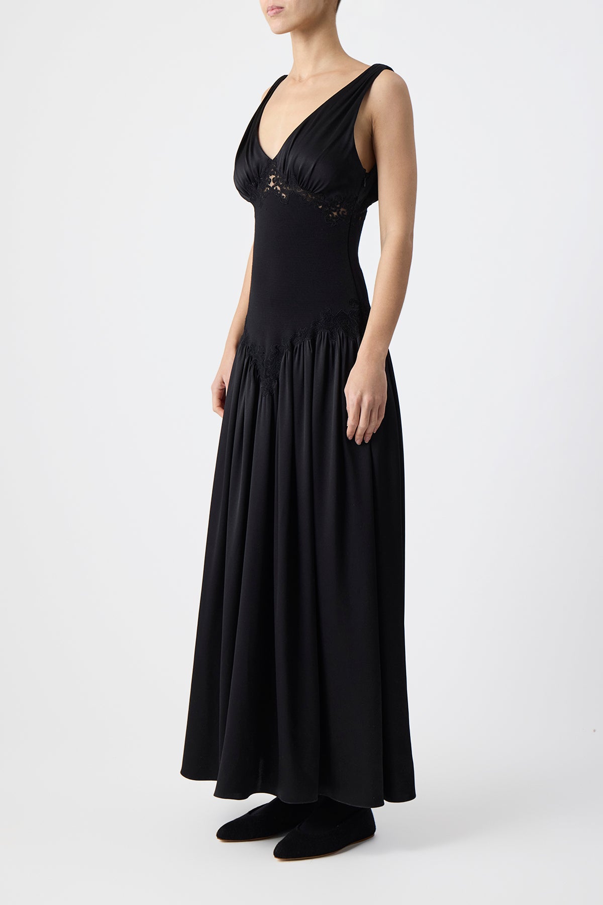 Highland Lace Dress in Black Silk Satin