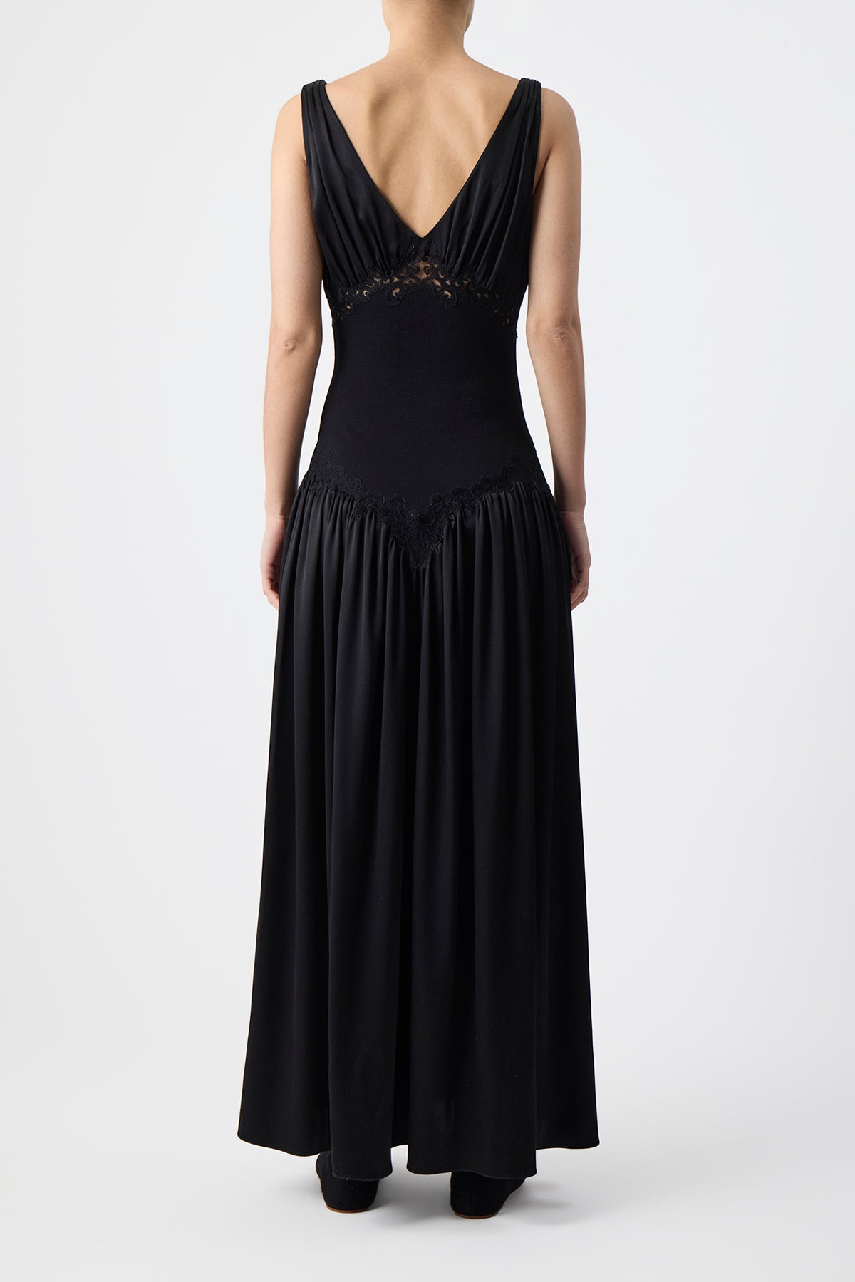 Highland Lace Maxi Dress in Black Silk Satin